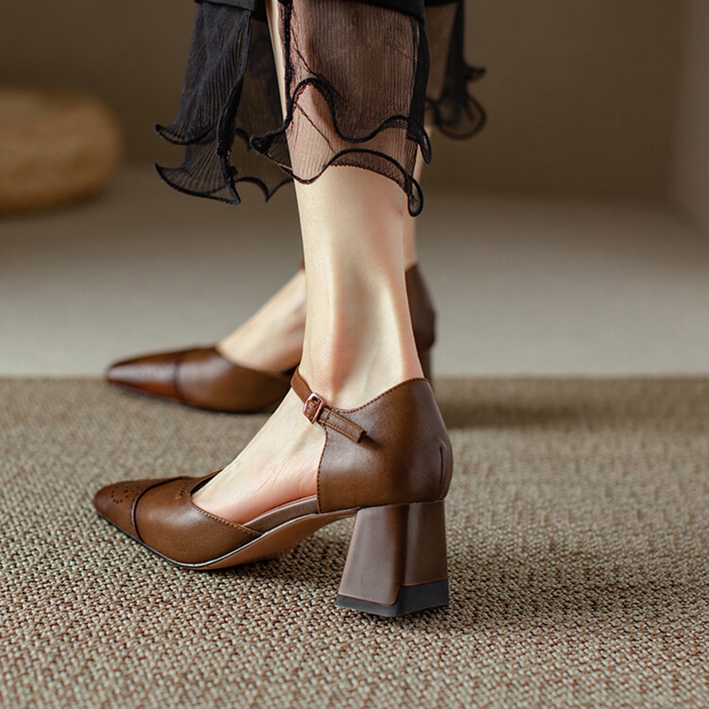 Genuine Leather Women Sandals Summer Women Shoes Cover Toe Chunky Heel Shoes for Women Retro Hollow High Heels Handmade Shoes
