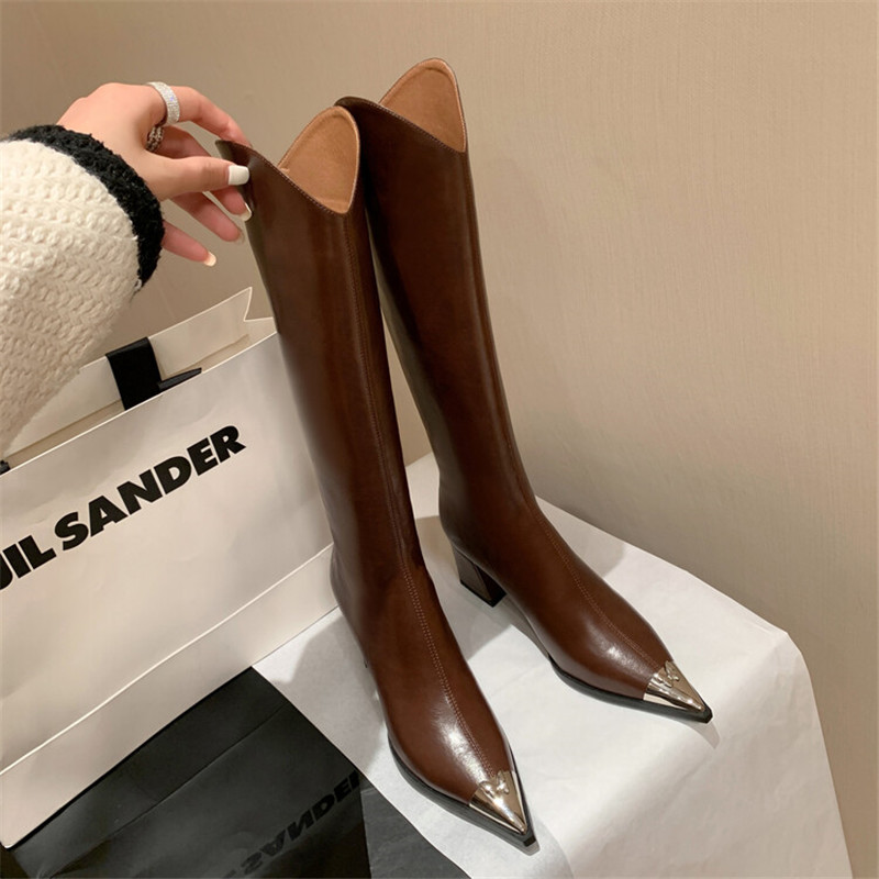2023 Winter Knee-High Boots for Women Metal Pointed Toe Knight Boots Split Leather High Heels Women Boots Concise Boots De Mujer