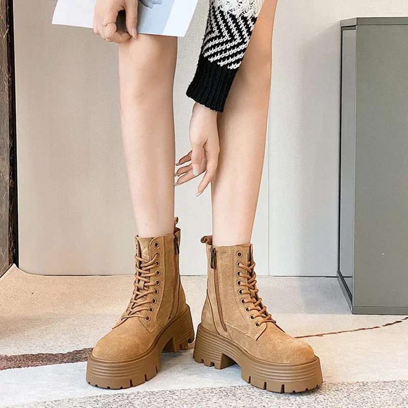 JOZHAMTA Size 34-41 Ankle Suede Thick High Heels Winter Shoes For Women Lace-Up 2025 Fashion Zipper Platform Boots