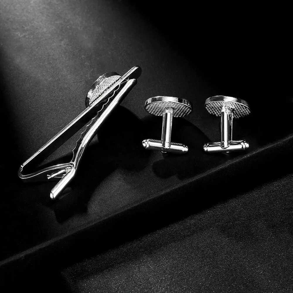 Blue Retro Palace Pattern Mens Cufflinks and Tie Clip Set Round Square Shaped Unique Whale Back Closure For Festival GiftX240914