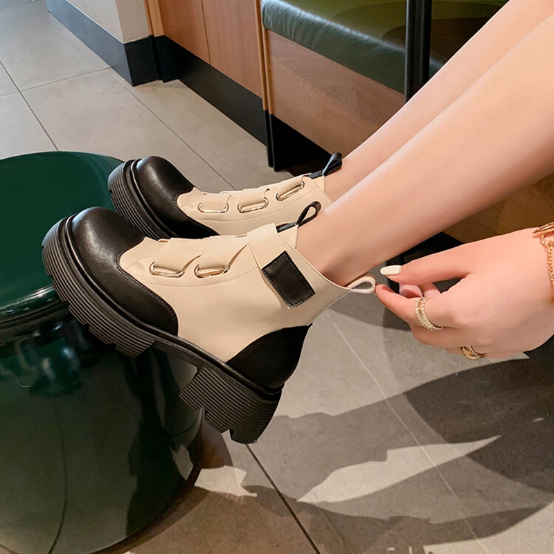 Fall NEW Shoes Split Leather Round Toe Chunky Heel Mixed Colors Platform Women Short Modern Boots 8501