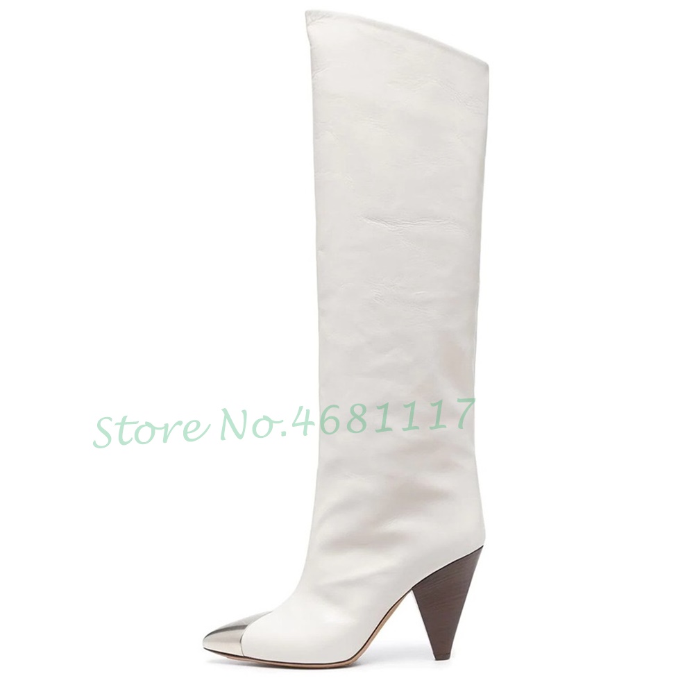 Splicing Metal Toe Spike Heels Boots Women Winter Pointy Toe Ankle Boots Stitching Catwalk Fashion Women Knee High Heels Boots