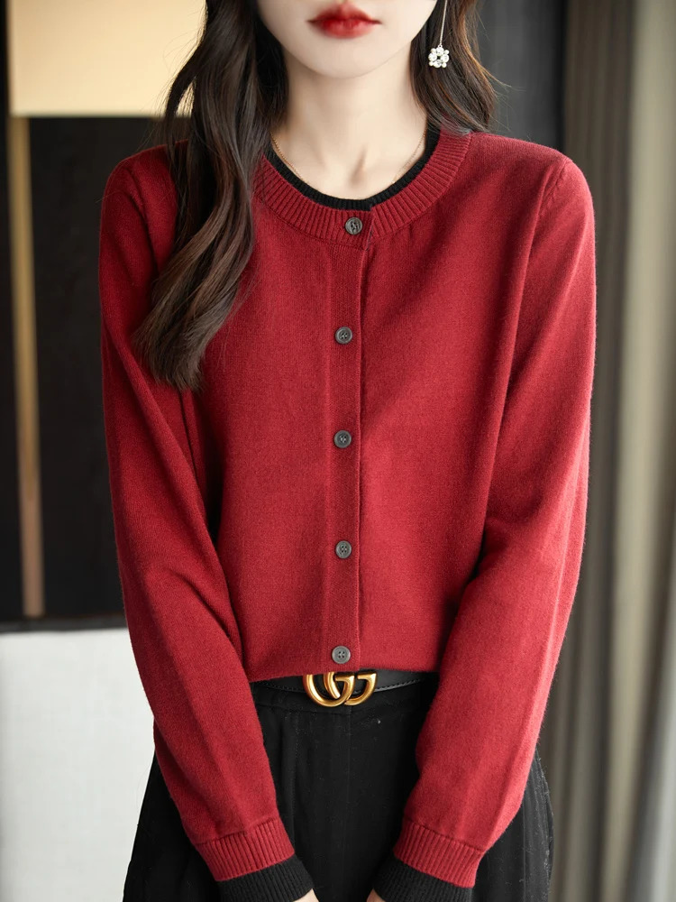 Winter Merino wool cardigan long sleeved sweater Oneck womens knitted color blocked jacket 240912