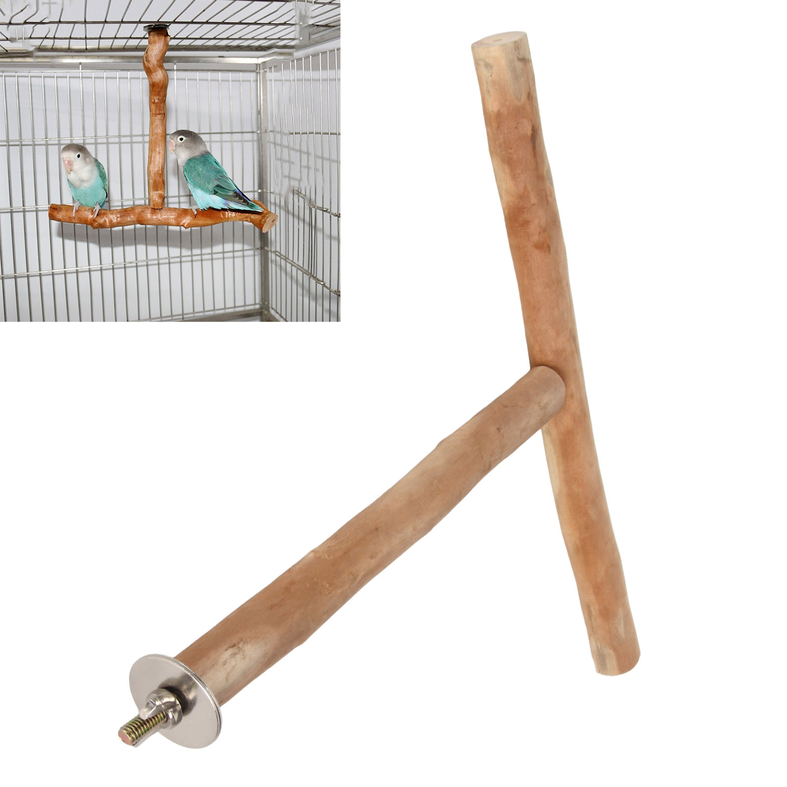 T Shaped Wood Bird Perch Fun Paw Grinding Chewing Exercising Relieve Boredom Wooden Parrot Stand For Bird Cage