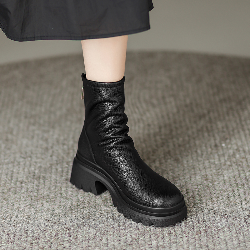 2024 Winter Leather Ankle Round Toe chunk Heel Platform Shoes Solid Casual Women Boots f8ca