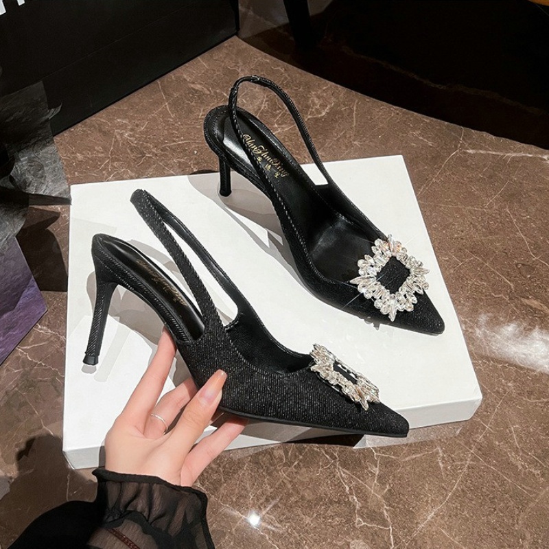 Summer 2024 New Sandals Thin Heel Pointed Baotou Dia Square Buckle Denim Korean Version Fashion High Heels e39d s