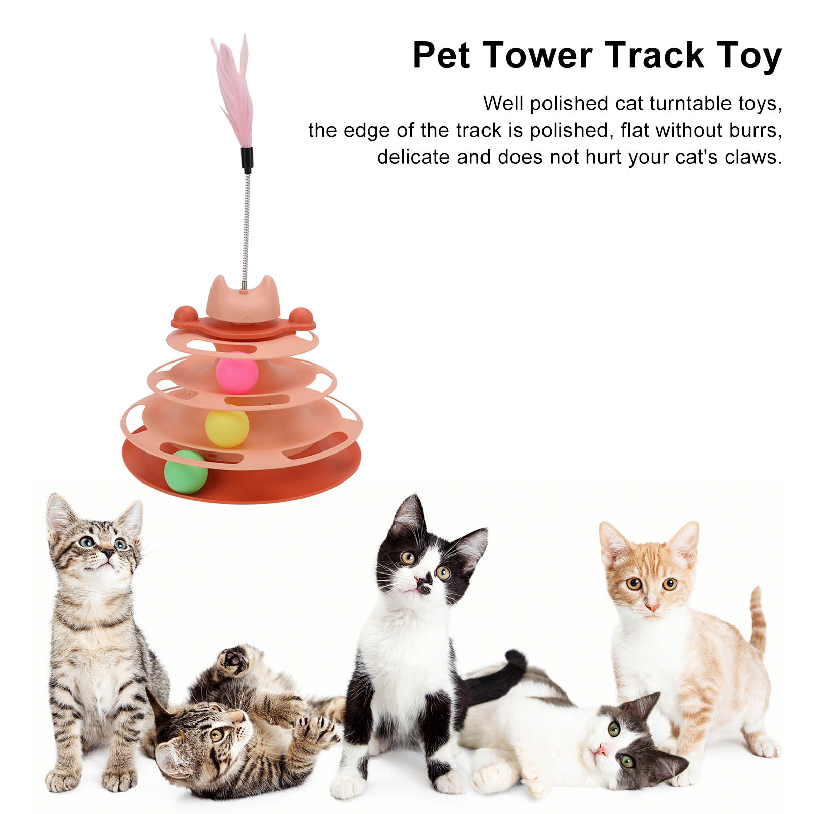Cat Turntable Ball Toy 4 Level Interactive Kitten Track Roller Exercise Toy With Feather Stick