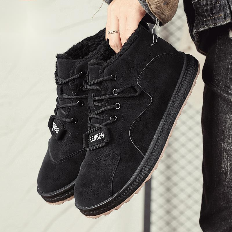 Winter thick snow with added fleece, outdoor sports warm cotton shoes, mid top lace up men's suede leather boots