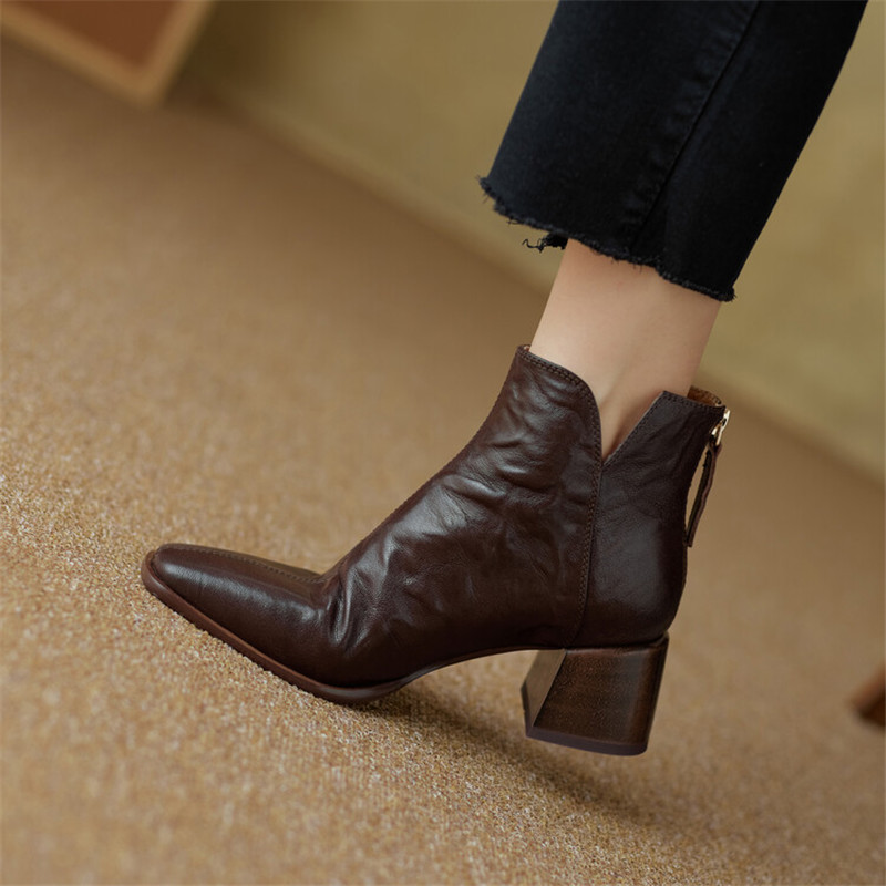 NEW Autumn Winter Genuine Leather Boot Fashion Short Boots Square Toe Chunky Shoes for Women High Heels Botas De Mujer