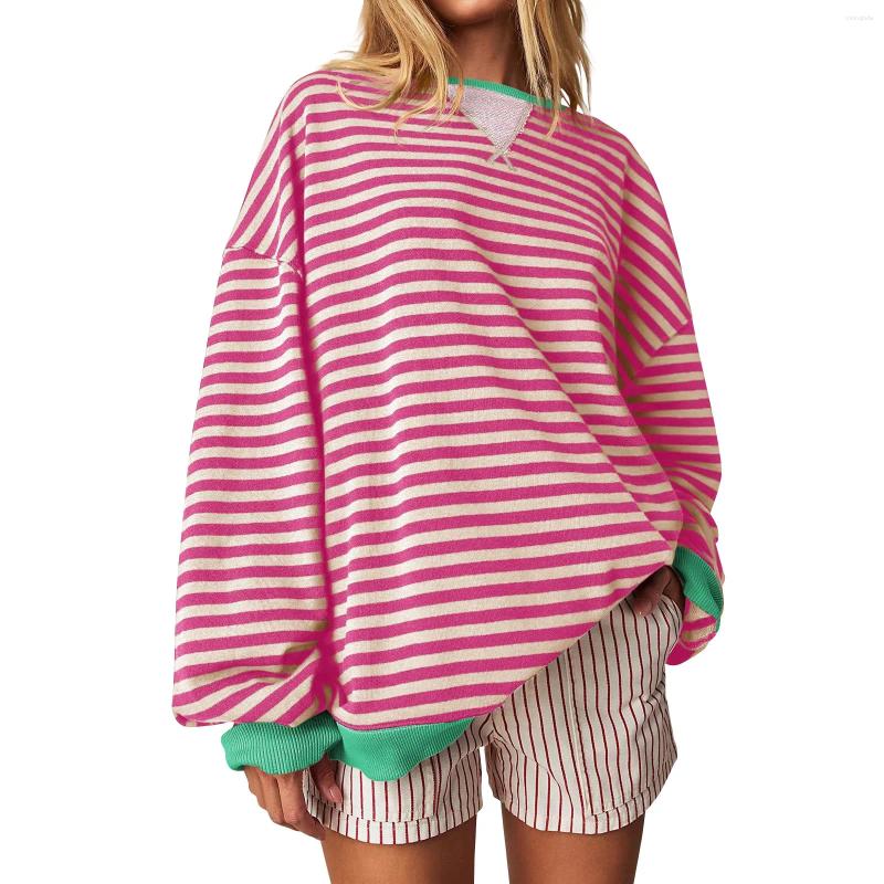 Womens T Shirts 2024 Oversized Striped Color Blocking Long Sleeved Round Neck Sports Shirt Casual Loose Fitting Pullover Top