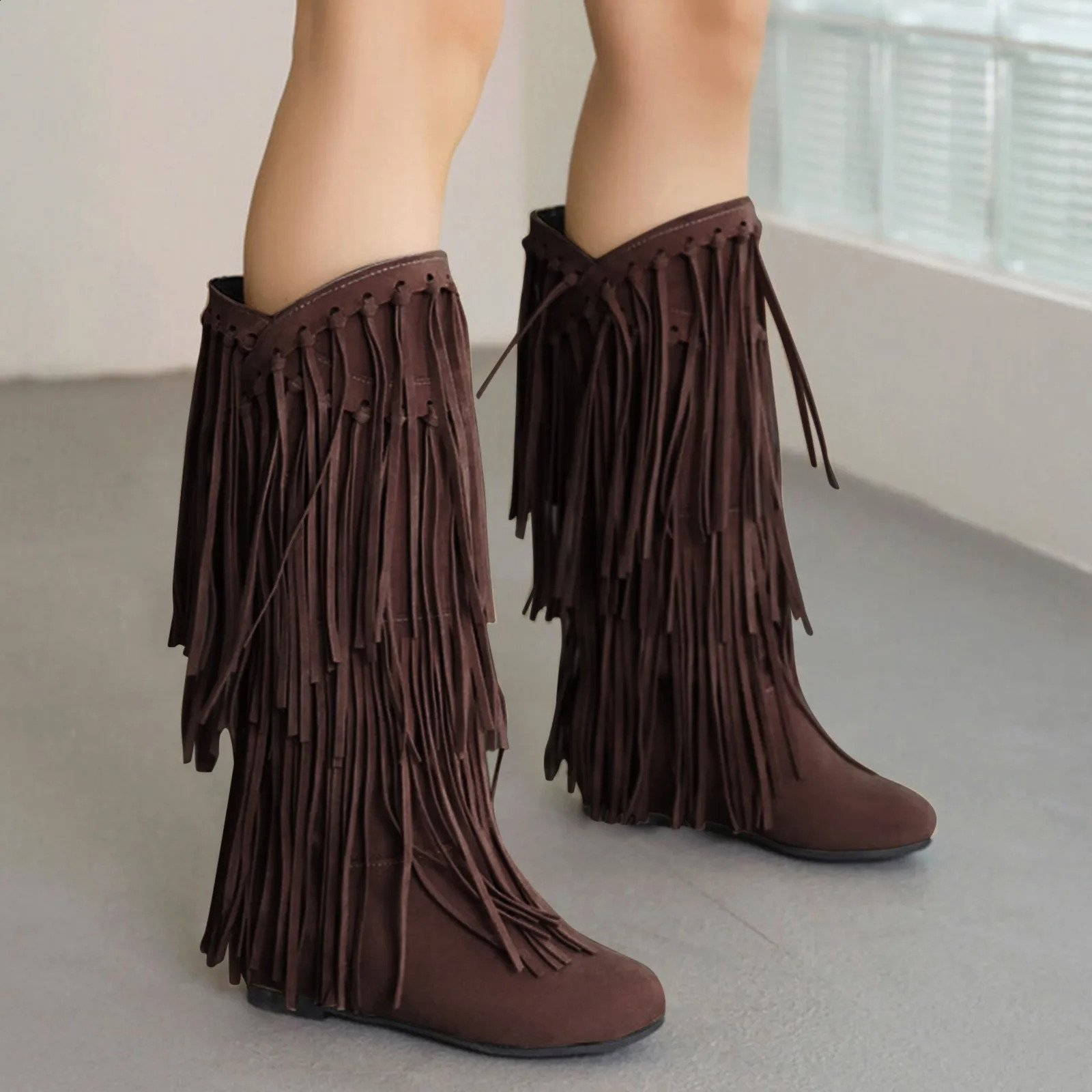 Womens Fringe Winter Western Round Toe Flats Suede Solid Cool Internal Elevation Boots Dr Daily Shoes 240911