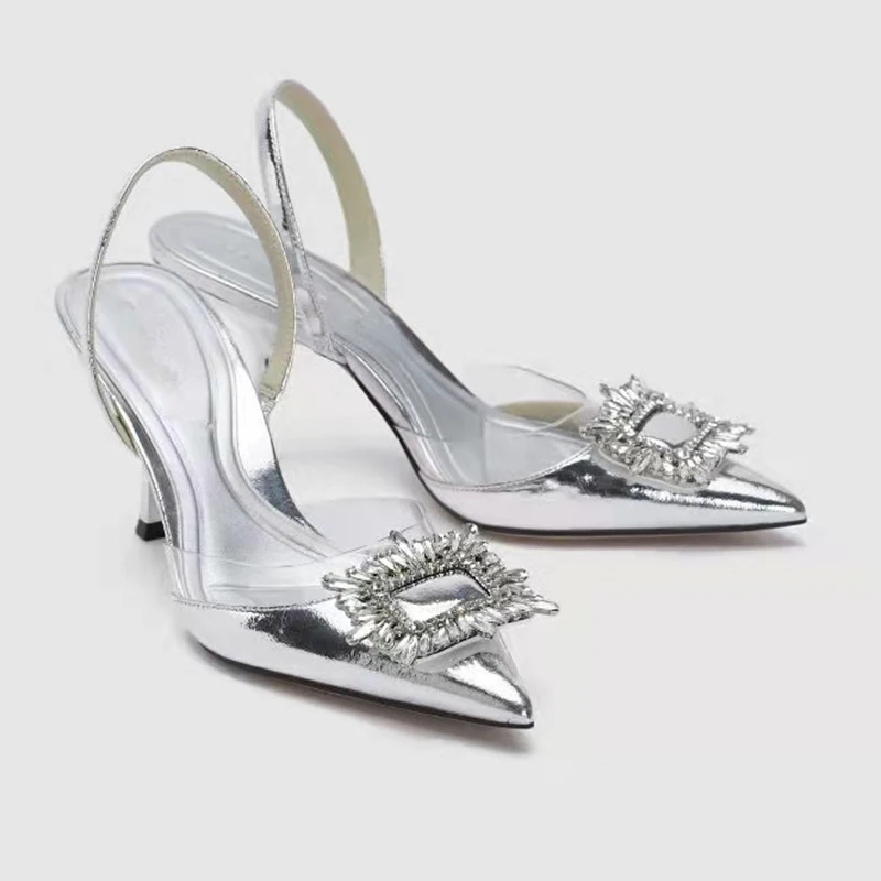 Brand Designer Silver High Heels Sandals 2024 Summer Crystal Square Buckle Woman Pointed Toe Slingbacks Party Shoe