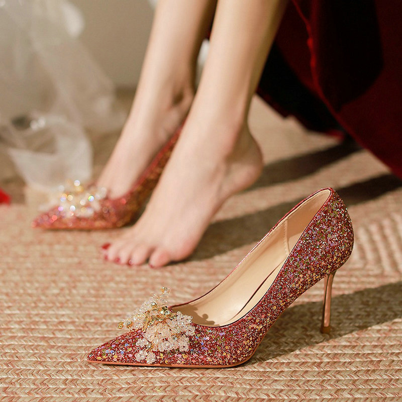 2024 New Elegant High-Grade Wedding Shoes Women French Fine Heel Bride Shoes Red High Heels