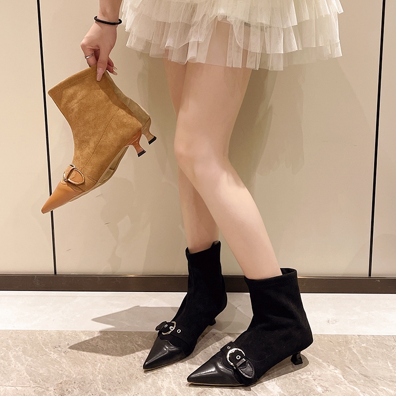 Spring AutumnFashion Pointed Toe Ankle Boots Suede Slip on Short Botas Ladies Elegant High Heel Shoes Women's Pumps 9d5c