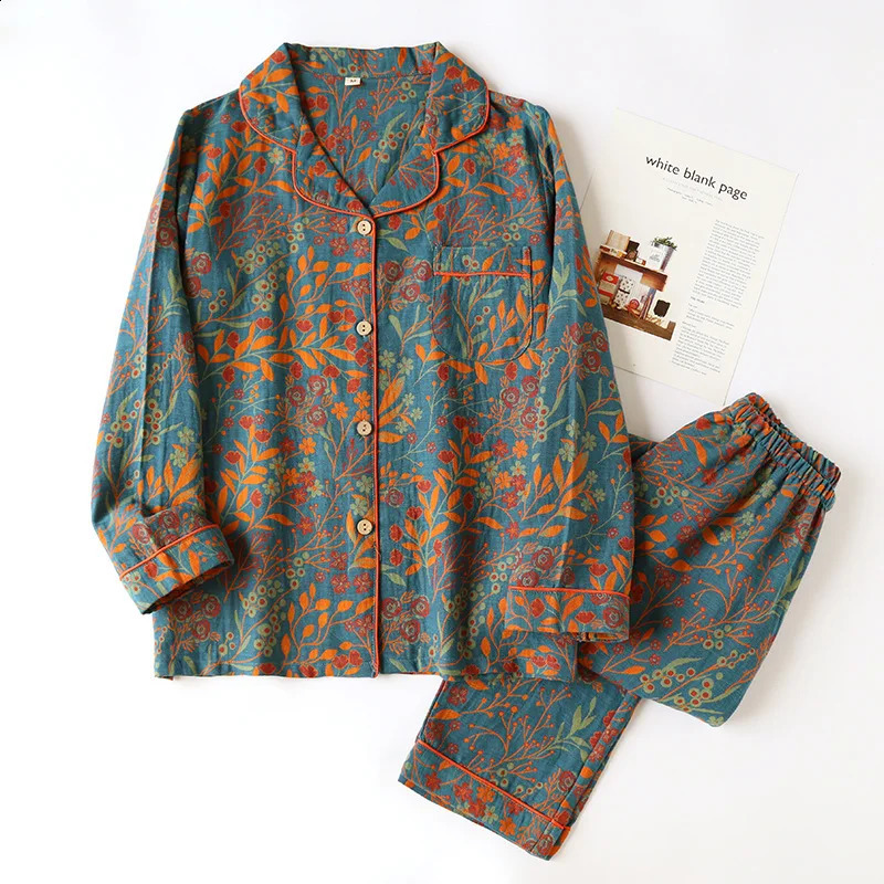 Vintage Womens Pajamas Cotton Yarn Long Sleeve Pants Sleepwear Lapel Cardigan Home Clothes Soft Casual Set Woman 2 Pieces 240911