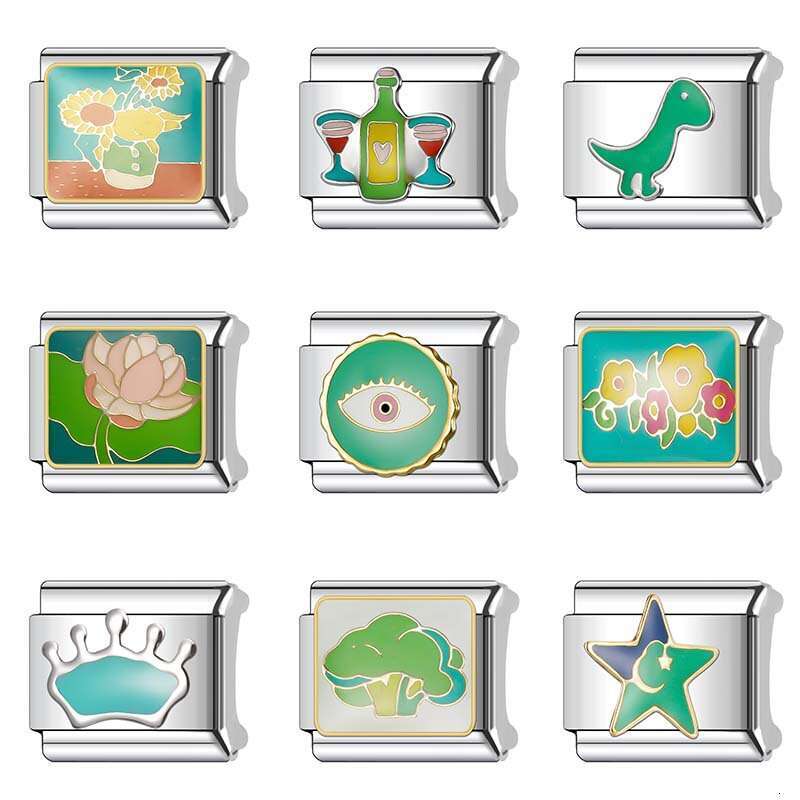 New Women's Gift Green Flower eyes crown Bead Italian Charms Links Bangle Beads Fit 9mm Stainless Steel Bracelet Making DIY For Women Fashion Jew