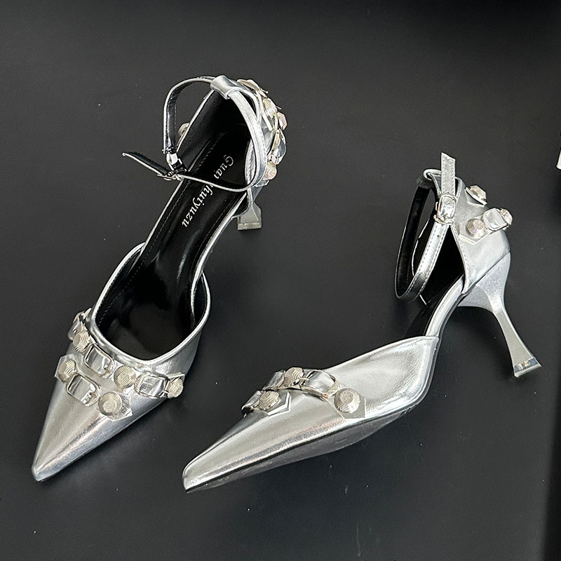 Footwear New Fashion Metal Rivet Women Pumps Ankle Strap Female Pointed Toe Designer Shallow Ladies High Heels Shoes e1f4