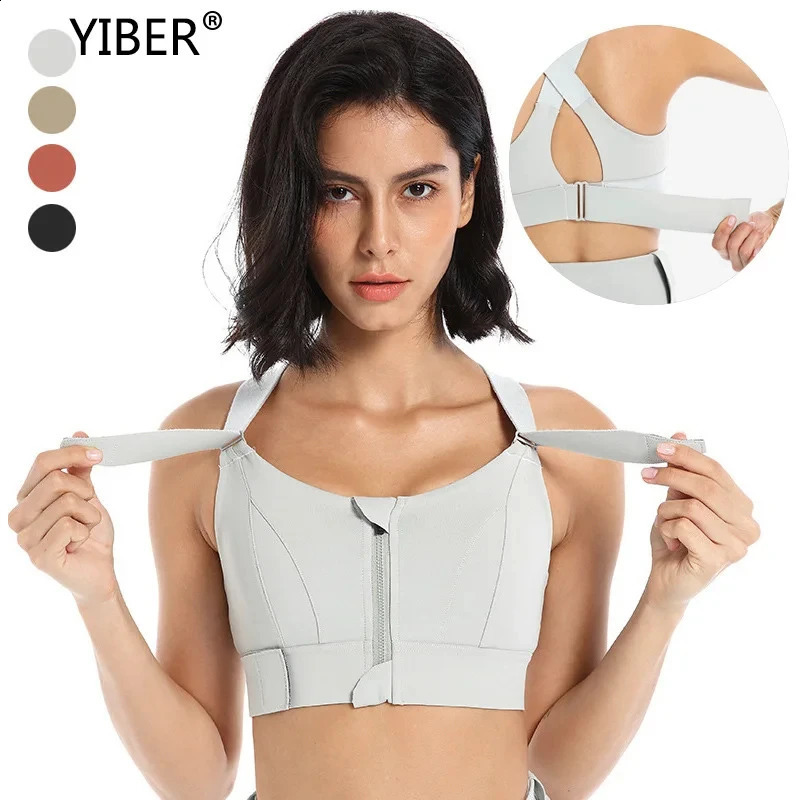 Womens sports yoga vest with front zipper large adjustable shoulder straps shockproof fitness bra top of the line underwear 240914