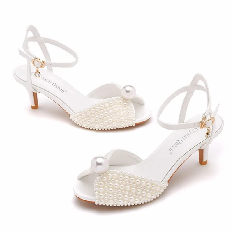 6cm Fish Mouth High Heeled Sandals Buckle Wedding Bride Luxury Designer Shoes Heels Pearl Sandal Ladies Shoe Large Size 43