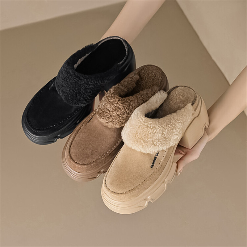 Winter Cow Suede Wool Mules Platform Shoes for Women Round High Heels Chunky Heel Cover Toe Slippers