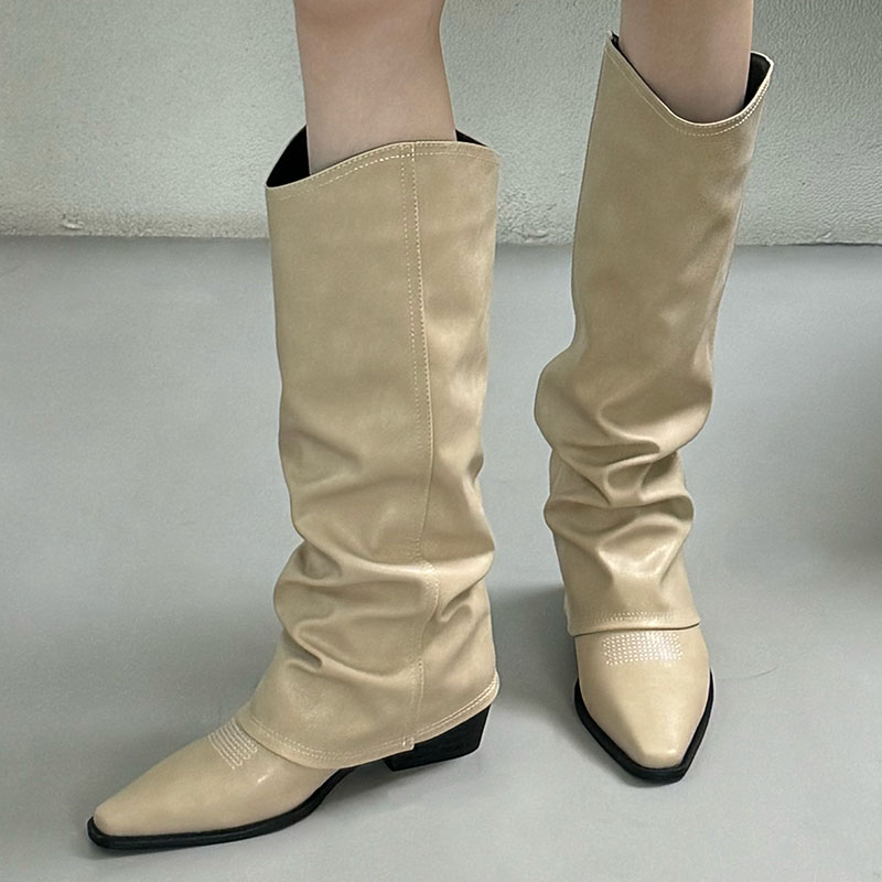 Footwear Square Heels Slip On Ladies Western Long Booties Female Fashion Pointed Toe Women Knee High Boots Shoes