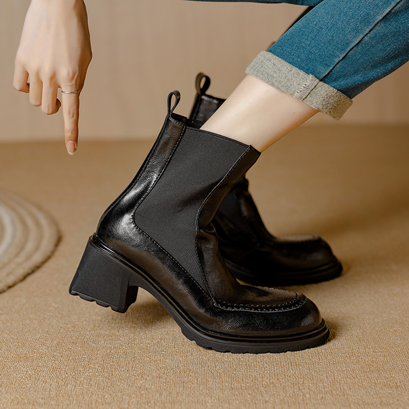 New Autumn Winter Genuine Leather Fashion Round Toe Women Short Boots Chunky Heel Ladies Shoes e3f1