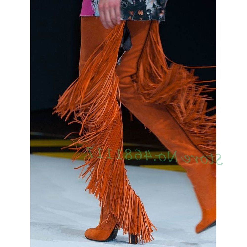 Fringes Stretch Thigh High Boots Women High Block Heels Trending Orange Suede Boots Slip On Autumn Women Round Toe Fashion Shoes