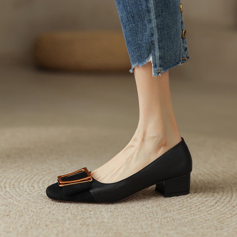 2022 Spring/Summer Women's Pumps Split Leather High Heels Square Toe Chunky Heel Women Shoes Metal Buckle Lady Shoes Party Shoes