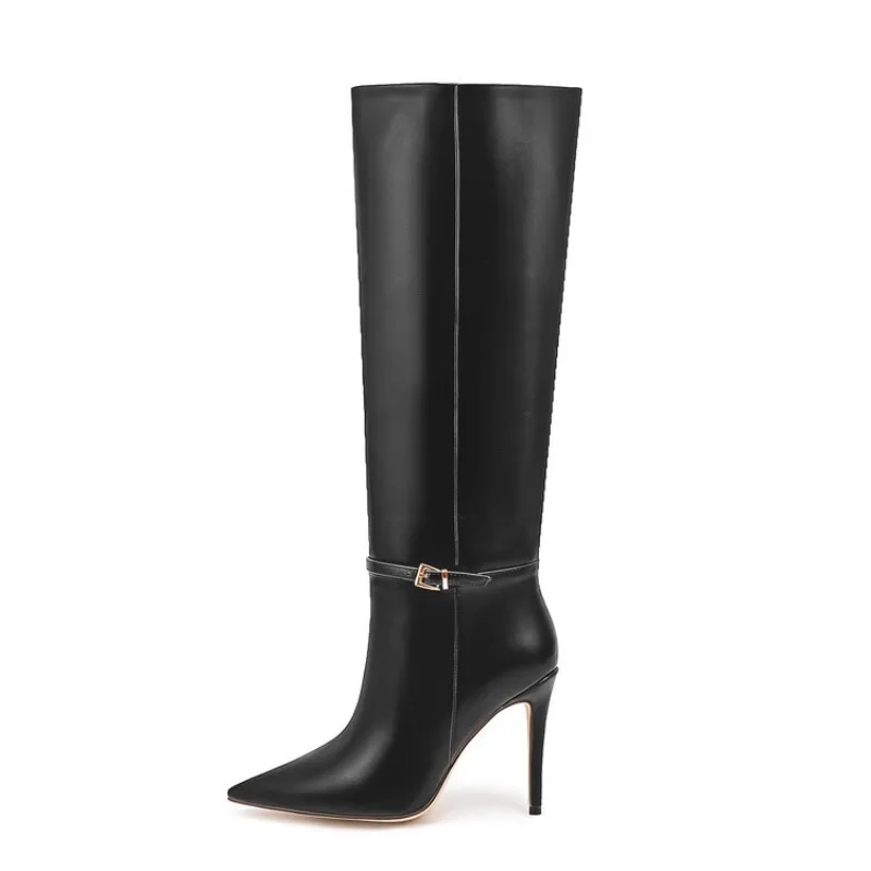 New Solid Color Belt Buckle Decoration High Heels Knee High Boots European American Fashion Pointed Spicy Women Boots Size 35-46