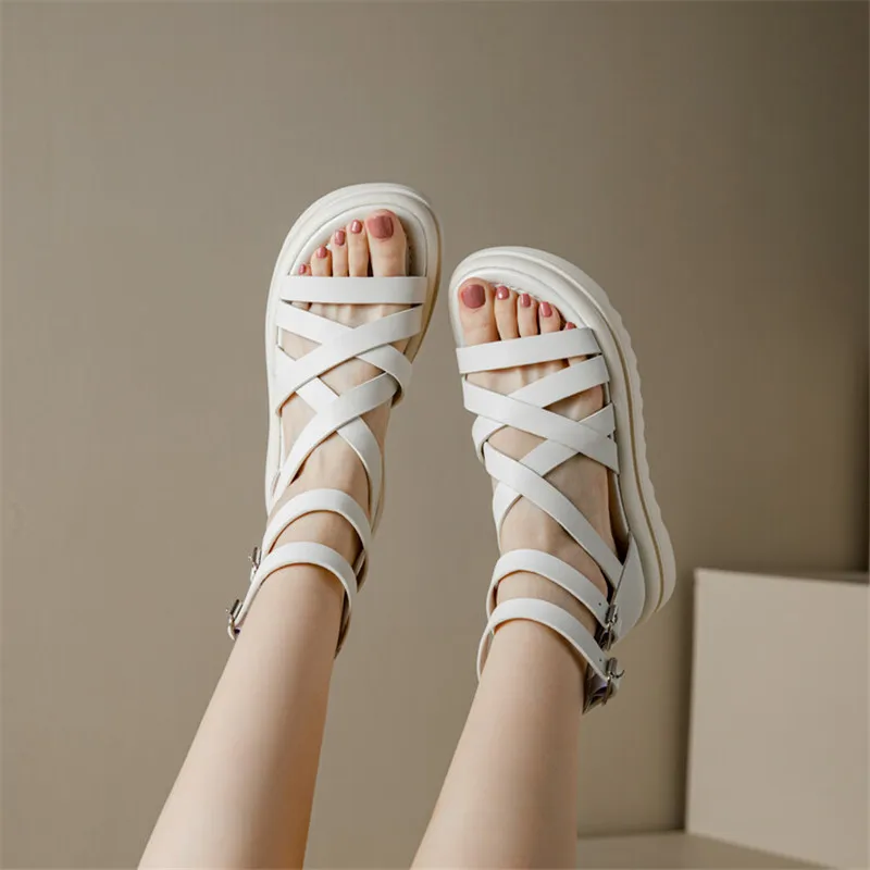 Summer New Split Leather Round Toe for New Handmade Women Sandals Ladies Platform Buckle Gladiator Shoes 7fad Platm
