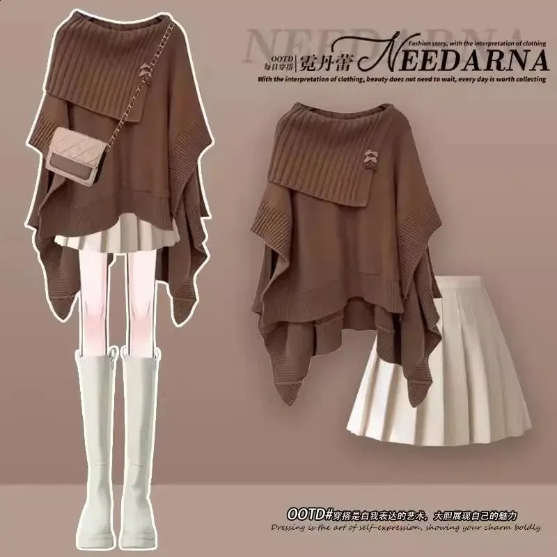 SIRI Korean Fashion Winter Dress Female Y2k Plus Size Maillard Loose Shawl Sweater Shirt Joker Twopiece Suit 240904