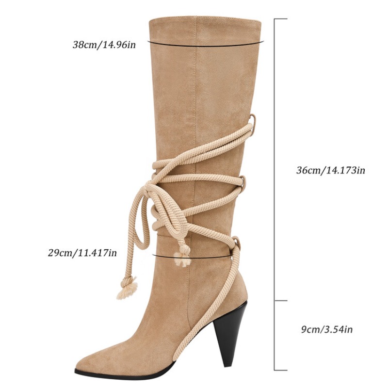 Solid Color Hemp Rope Cross Strap Pointed Thick Heeled Long Autumn Winter New Punk Rock Style Women Knee High Boots 35-46