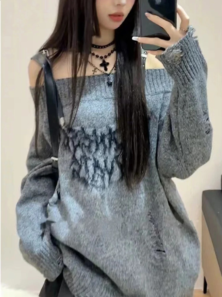 American Retro Fashion Classical Knitwear Sweater Slash Neck Off Shoulder Long Sleeve Ripped Hole Pullovers Chic Y2K Streetwear 240911