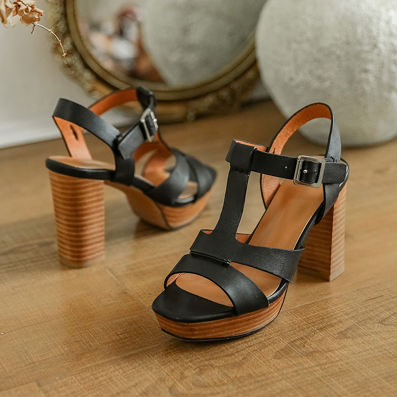 New cow Women's leather chunky platform t-strap sandals narrow band sexy ladies ultra high heel open toe summer dress pumps hot df22