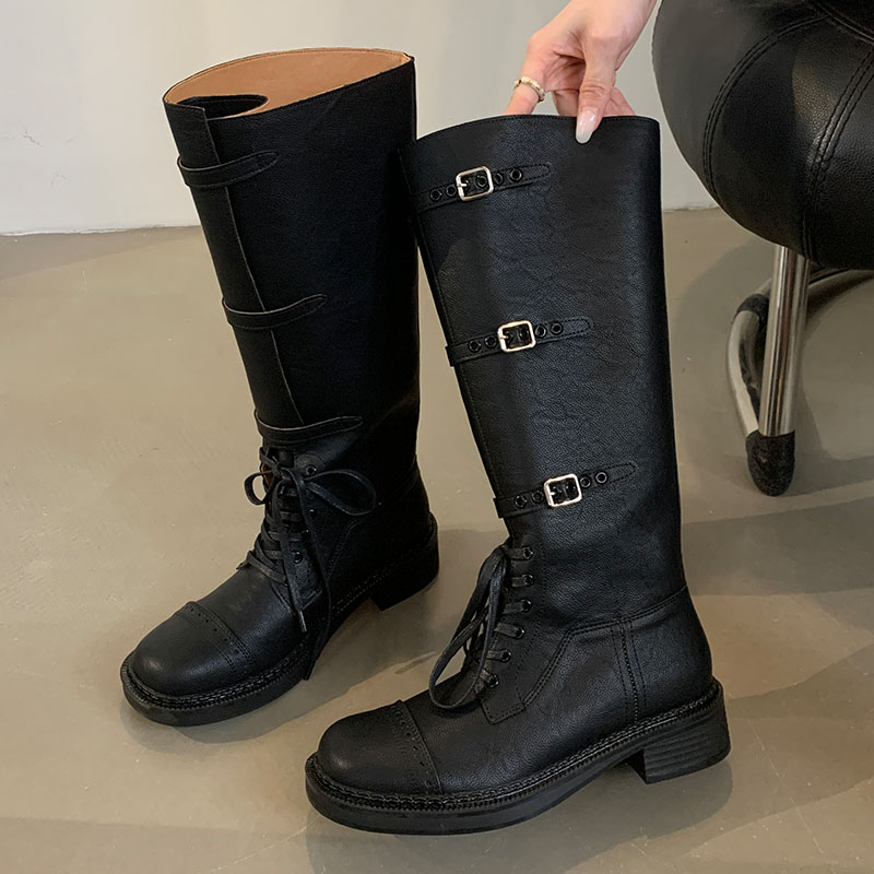 New Black Footwear Flats Ladies Ankle Boots With Lace Up Shoes Female Fashion Round Toe Designer Women Knee High Long Booties