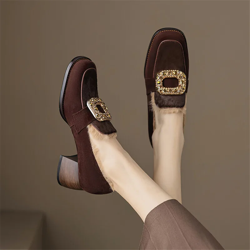 New Winter Sheep Suede Loafers Round Toe Women Pumps Shoes for Women Concise Ladies Shoes Chunky Heels Zaptos Mujer High Heels