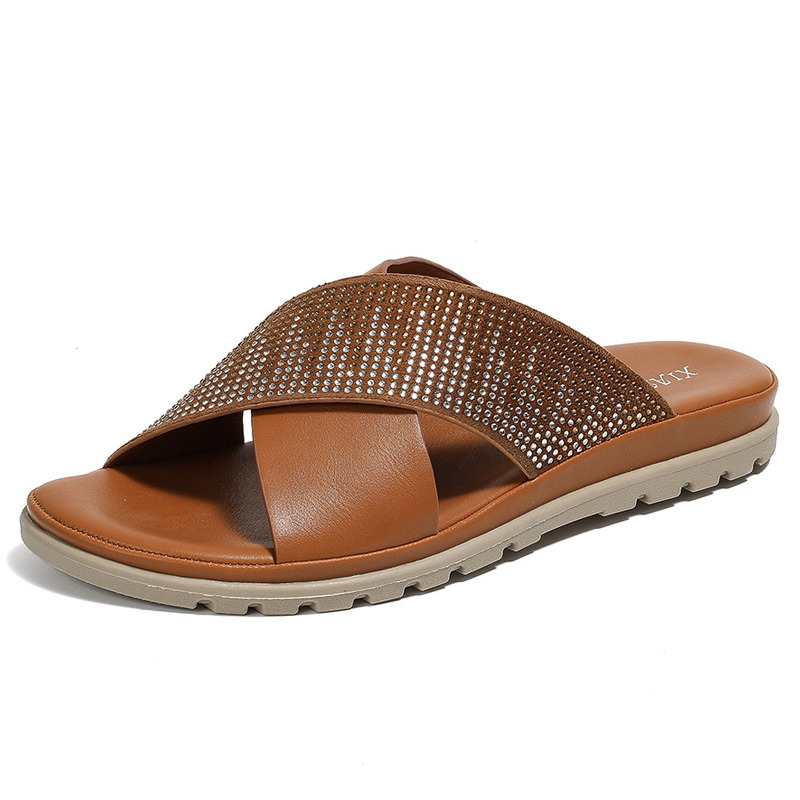2024 Brand Women Summer Fashion Wedge Slides Cross Straps Slipper Hollow Out Platform Beach Daily Dressy Shoes Outside Apricot