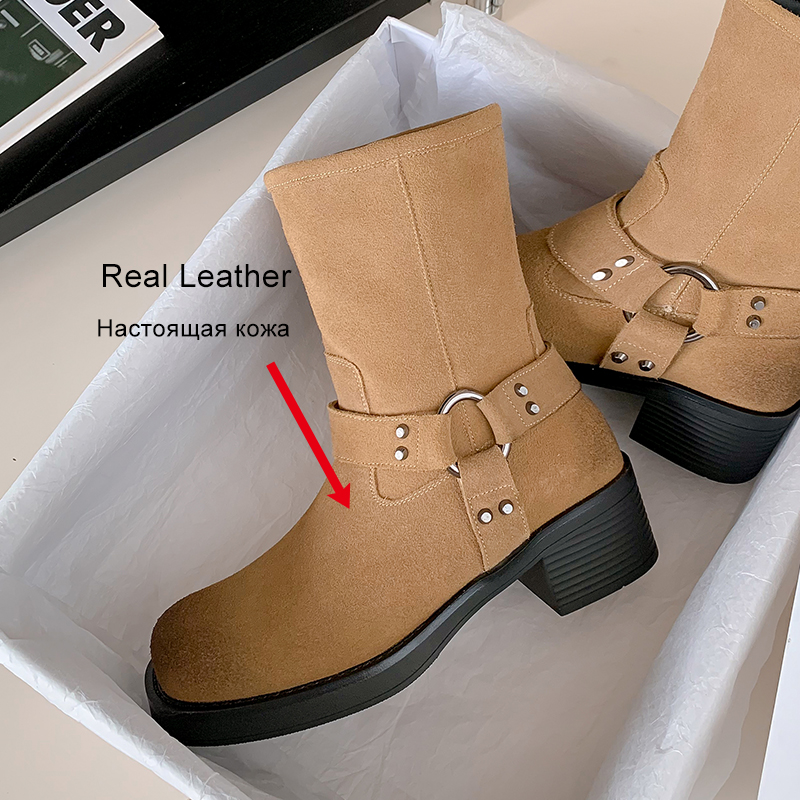 JOZHAMTA Size 34-39 Women Wide Mid Calf Real Leather Western Cowboy Boots For Cowgirl Thick Heels Shoes Winter Daily Dress