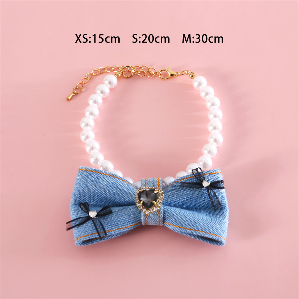 Pet Collar Pearl Denim Adjustable Puppy Collar Necklace Princess Heart Gemstone Rhinestone Birthday Bow Bichon Frize Dog Collars