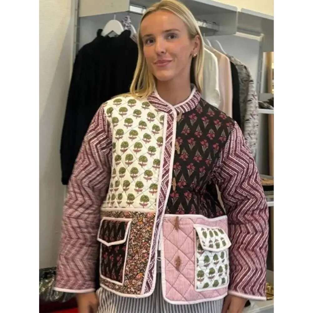Women Printed Patchwork Two Pockets Cotton Jacket Long Sleeve Contrasting Color Single-Breasted Padded Coat Lady Street Outwear
