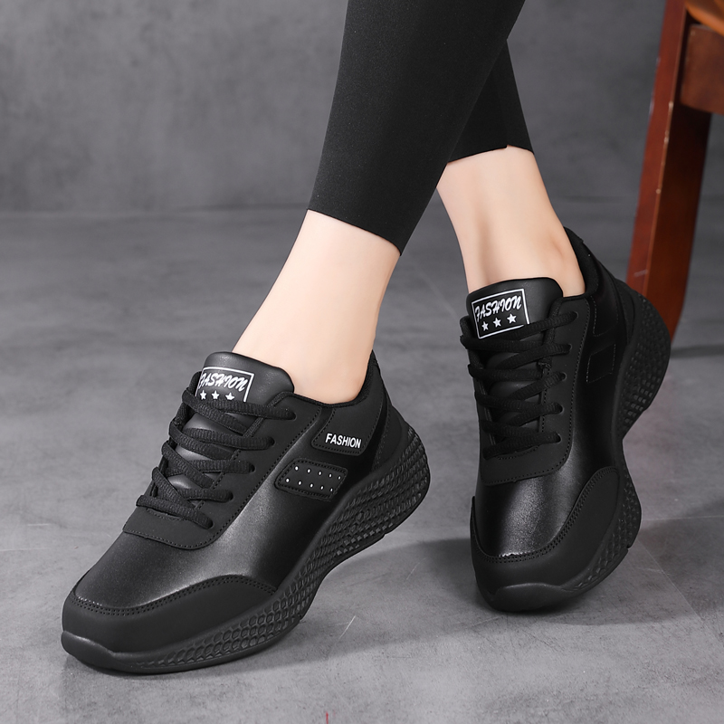Casual Black Leather Sneakers: Women's Lace-Up Flats, Lightweight Hot & Comfortable Anti-Slip Outdoor Sports Shoes Sneakers: Flats, &