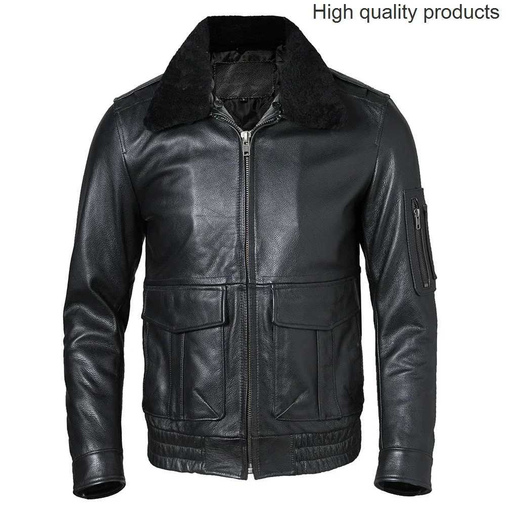 Mens Leather Jacket Quilted 100% Natural Cowboy and Fur Collar Flight Coat Pilot Clothing Winter Warmth Asian Size S-7XL M609 W240914