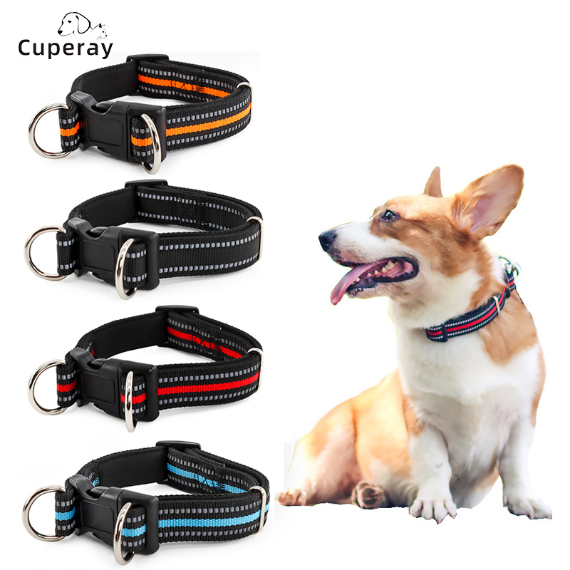 Reflective Nylon Dog Collar Adjustable Pet Collar for Medium and Large Dogs with Double D Ring & Foam Lining Collar Pet Supplies