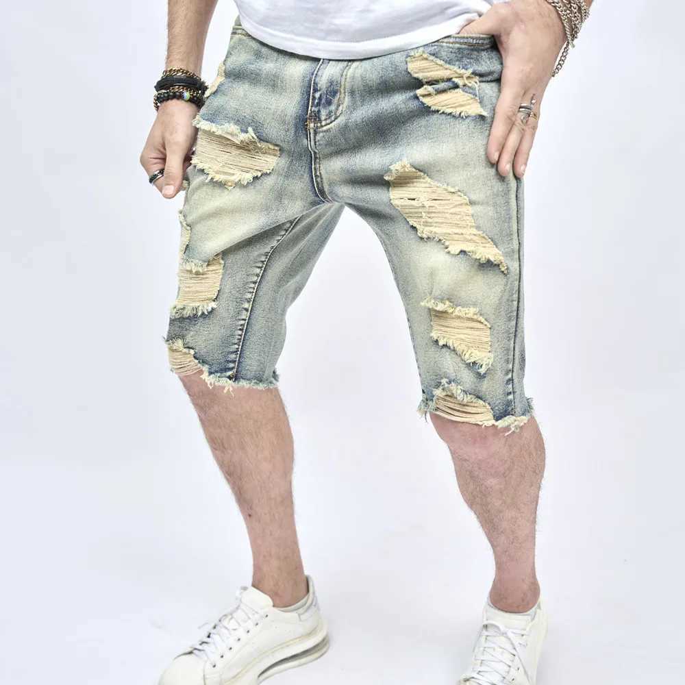 Summer Retro Style Ripped Men Slim Denim Shorts Stylish Cotton Men Street Holes Casual Beach Straight ShortsX240914