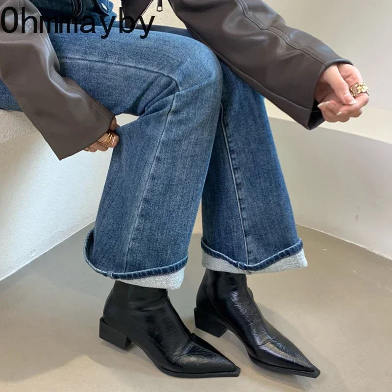 Toe Pointed Women Ankle Boots Fashion Thick Heel Slimming Short Booties Autumn Winter Soft Leather Female Shoes 2d1e