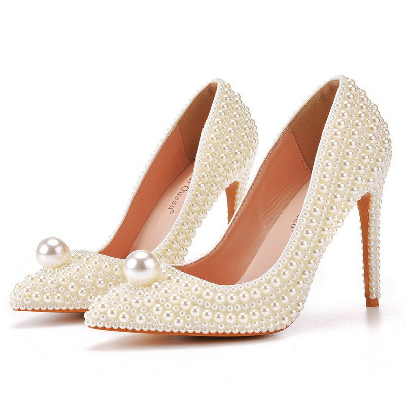 2025 new Pearl 11cm Wedding Thin Heel Pointed Single Shoe Large Size Bride Shoes Dinner Women's Pumps 393a s