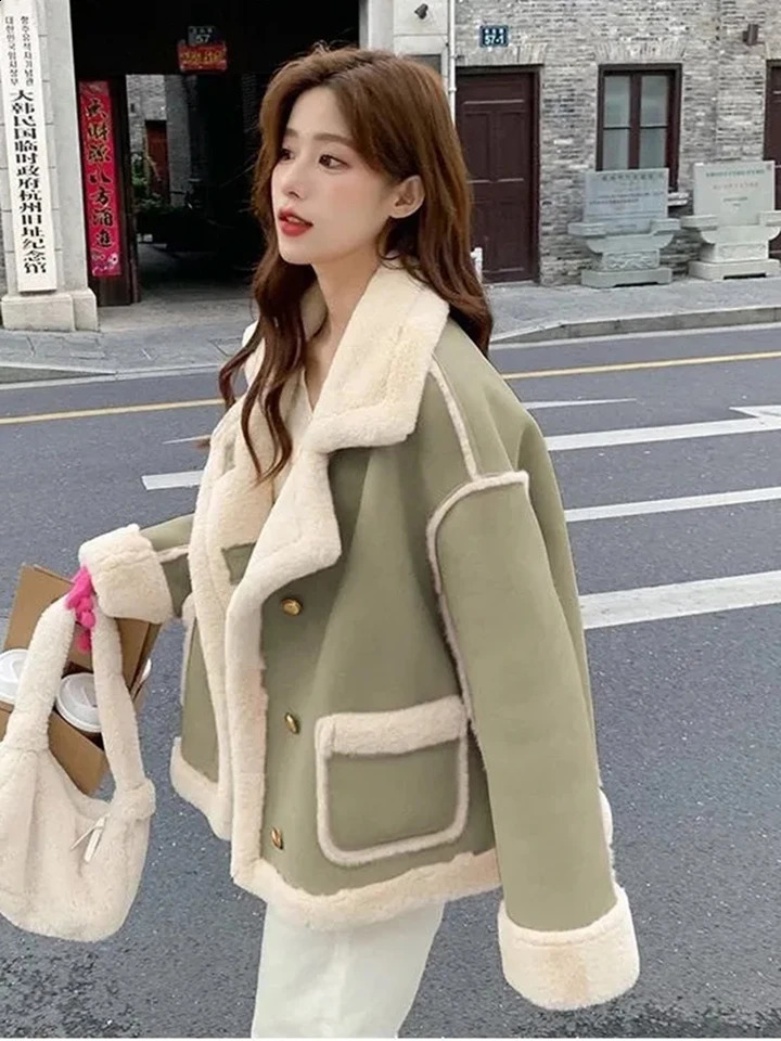 Winter Warm Plush Thick Casaco Casual Classic Cashmere Lining Jacket for Women Korean Chic Single Chest 240905