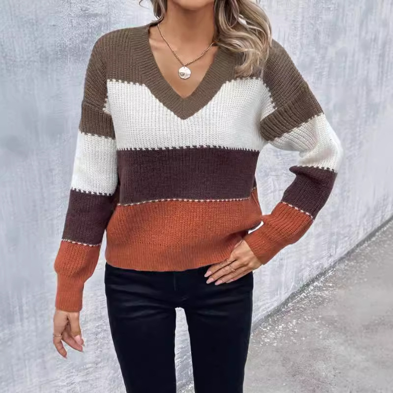 dongdumaoyi New Autumn/Winter V-neck Sweater Amazon Cross border Foreign Trade Women's Knitted Sweater Fashion Color blocked Loose and Versatile 
