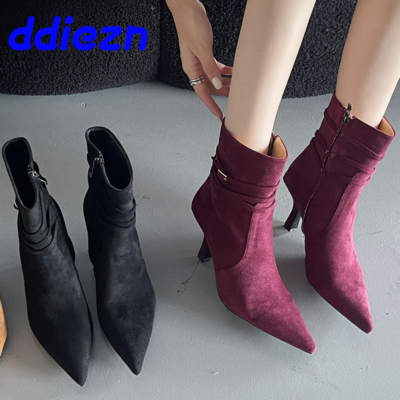 Female Big Size 43 Footwear Pointed Toe Women Ankle Fashion Designer Zippers Ladies Short Modern Boots With Heels Shoes