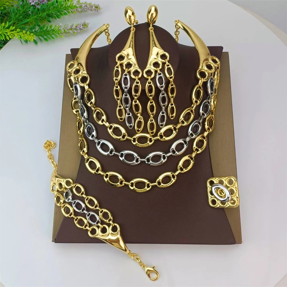 EMMA Multi Chain Dubai Jewelry Set Womens Wedding Bridal Travel Necklace Earrings Bracelet Party Jewelry 240906